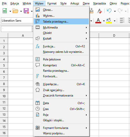 Ilustracja przedstawia fragment dokumentu i pasek menu programu  LibreOffice Writer . W górnej części znajdują się zakładki: Plik, Edycja, Widok, Wstaw, Format, Style, Arkusz, Dane, Narzędzia, Okno i Pomoc. Wybrana jest zakładka Wstaw i rozwinięta lista z opcjami menu. Zaznaczona jest pozycja z listy: Tabela przestawna… .