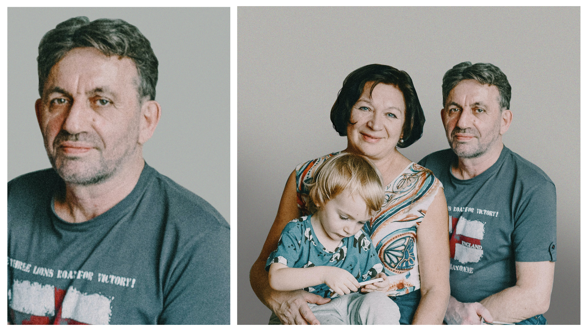 Ilustracja składa się z dwóch zdjęć. Na zdjęciu po lewej znajduje się mężczyzna w średnim wieku z siwiejącymi włosami i lekkim zarostem. Po prawej stronie widoczne jest zdjęcie portretowe, na którym znajduje się ten sam mężczyzna, który jest na zdjęciu obok. Po lewej stronie mężczyzny znajduje się kobieta w średnim wieku z krótkimi włosami. Na kolanach u kobiety siedzi mała dziewczynka.