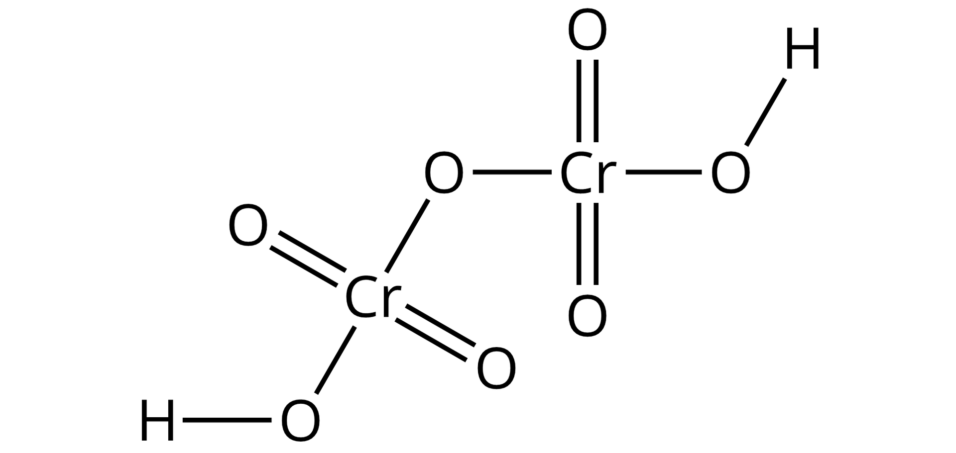 Ilustracja przedstawiająca wzór strukturalny kwasu dichromowego(<math aria‑label="sześć">VI) zbudowanego z atomu tlenu połączonego za pomocą wiązań pojedynczych z dwoma atomami chromu, z których każdy łączy się za pomocą wiązań podwójnych z dwoma atomami tlenu oraz za pomocą wiązania pojedynczego z grupami hydroksylowymi —OH.