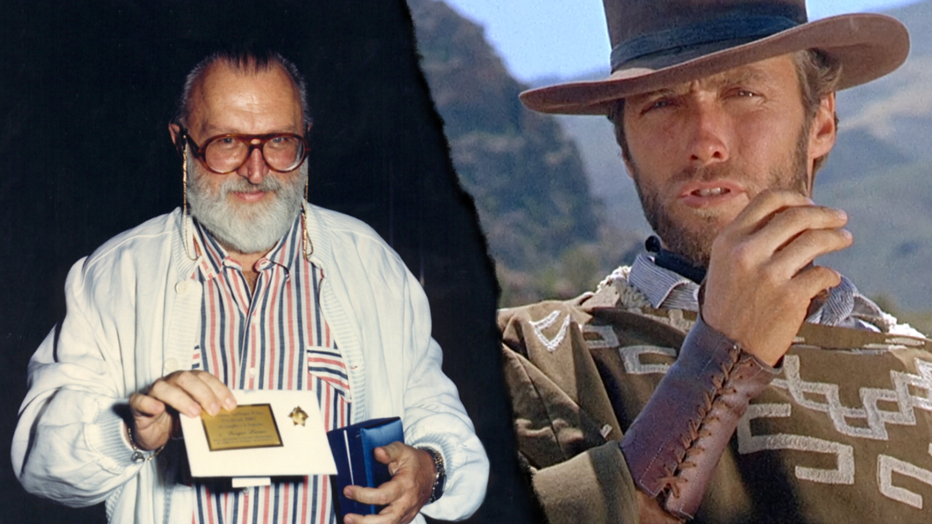 Zdjęcie podzielone jest na pół. Po lewej stronie znajduje się reżyser z dużą, siwą brodą i w okularach, Sergio Leone. Po prawej znajduje się kadr z filmu przedstawiający aktora Clinta Eastwooda w kowbojskim kapeluszu.