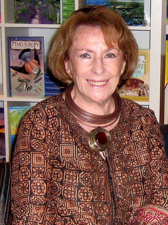 Fotografia barwna przedstawia Wandą Chotomską, autorkę literatury dla dzieci i młodzieży, na tle regału z książkami. Pisarka została ukazana do pasa, jest zwrócona wprost do widza. Ma uśmiechniętą, miłą twarz, jasne oczy, wysokie czoło. Proste włosy, sięgają poniżej ucha, są starannie ułożone i puszyste. Grzywka z prawej strony opada na czoło kosmykiem. Ubrana jest we wzorzystą brązowo‑rdzawą bluzkę. Na szyi nosi korale w kształcie  kilkunastu cieniutkich, brązowych obręczy, zakończonych gładkim kamieniem, otoczonym  na środku cienkimi drucikami.