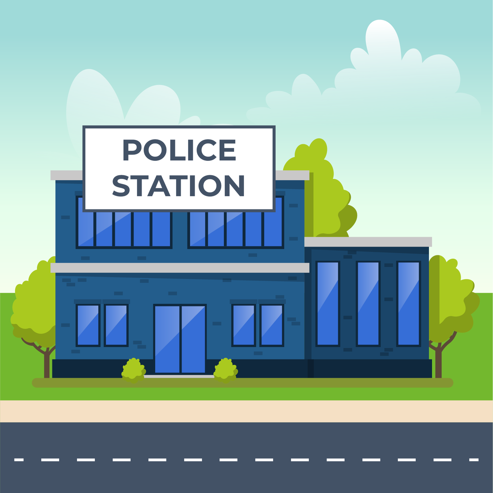 Ilustracja przedstawia budynek komisariatu policji. Budynek jest niebieski, dwupiętrowy i posiada liczne okna. Wokół niego znajdują się drzewa. Na budynku widnieje napis police station. Przed budynkiem znajduje się droga asfaltowa.