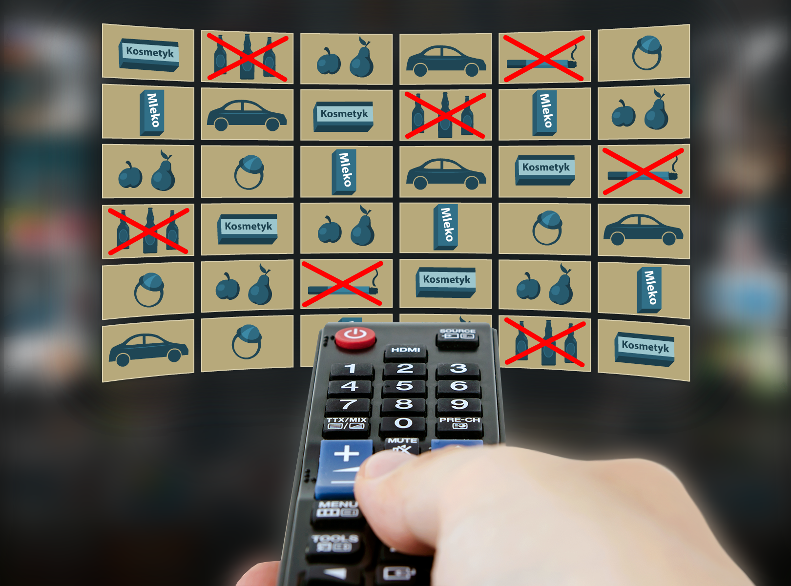 Zdjęcie przedstawia dłoń trzymającą pilota od telewizora skierowanego w ekran, na którym widać umieszczone w prostokątach różne produkty: kosmetyk, mleko, samochód owoce, biżuterię oraz przekreślone czerwonym znakiem "X" butelki z alkoholem oraz papierosy.
