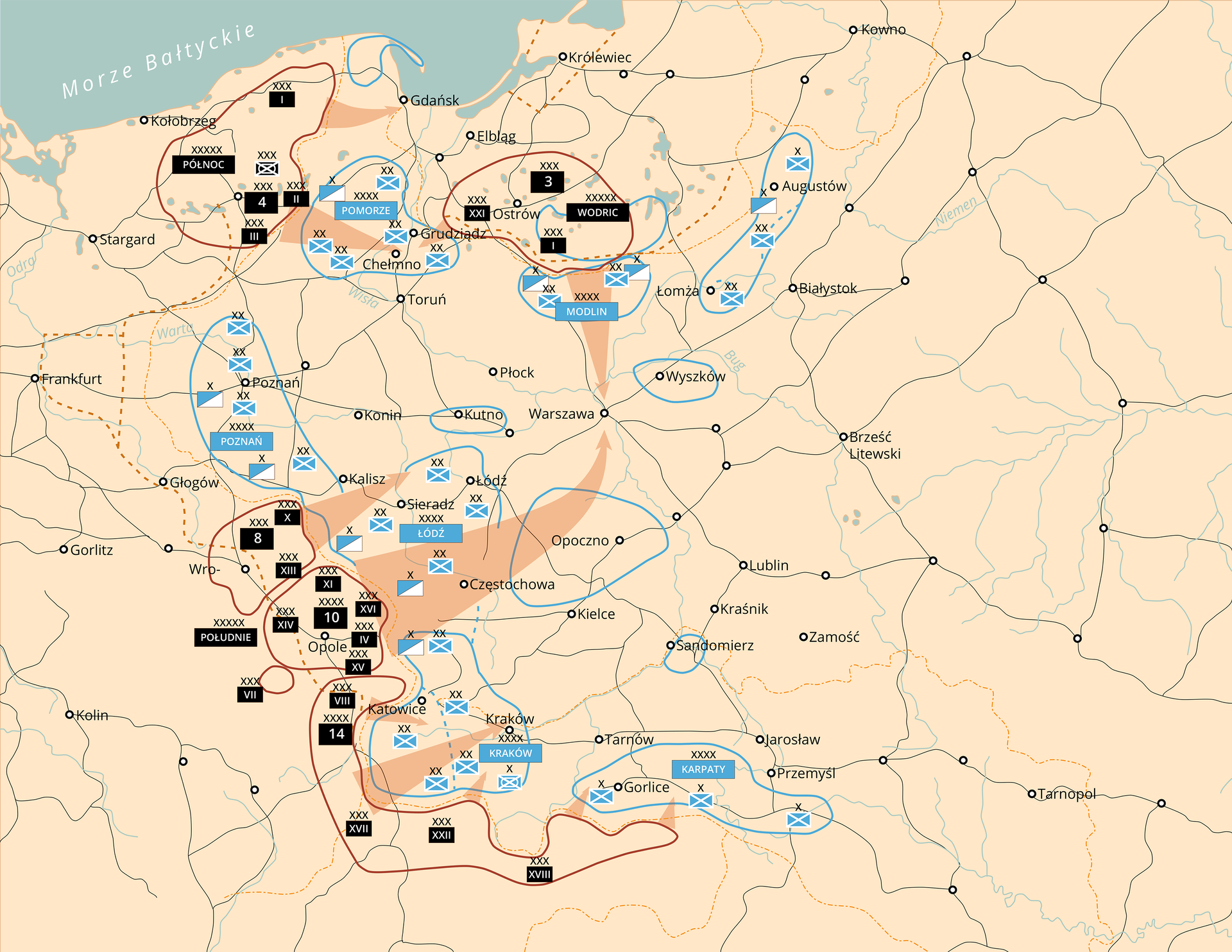 Ilustracja przedstawia mapę Polski. Zaznaczone są na niej ruchy wojsk z terenu Trzeciej Rzeszy, które są skierowane na Polskę.