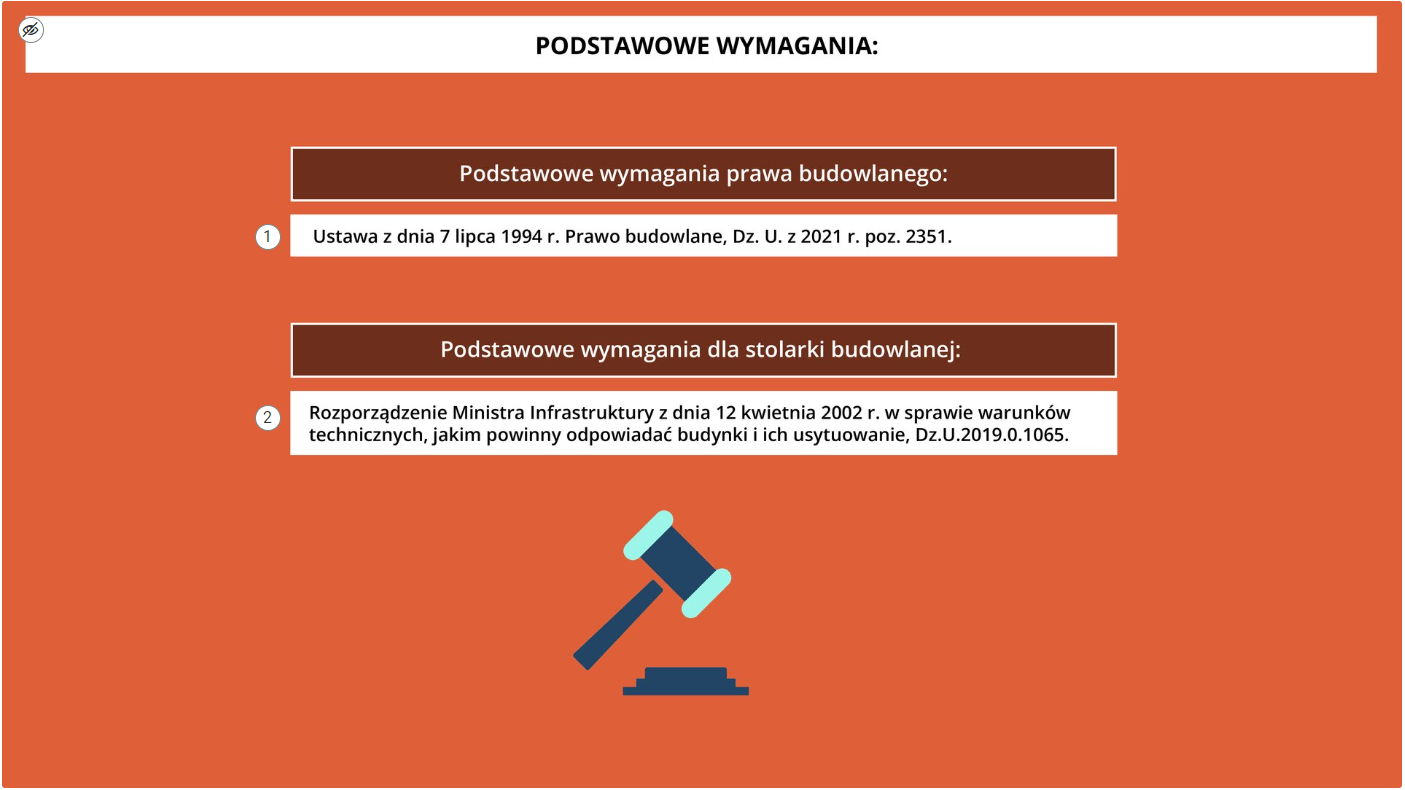 Przykładowy wygląd jednej z plansz multimedium "Wymagania, materiały, konstrukcje stolarki" składającego się z tytułu "Podstawowe wymagania" i dwóch punktów ze znacznikami.