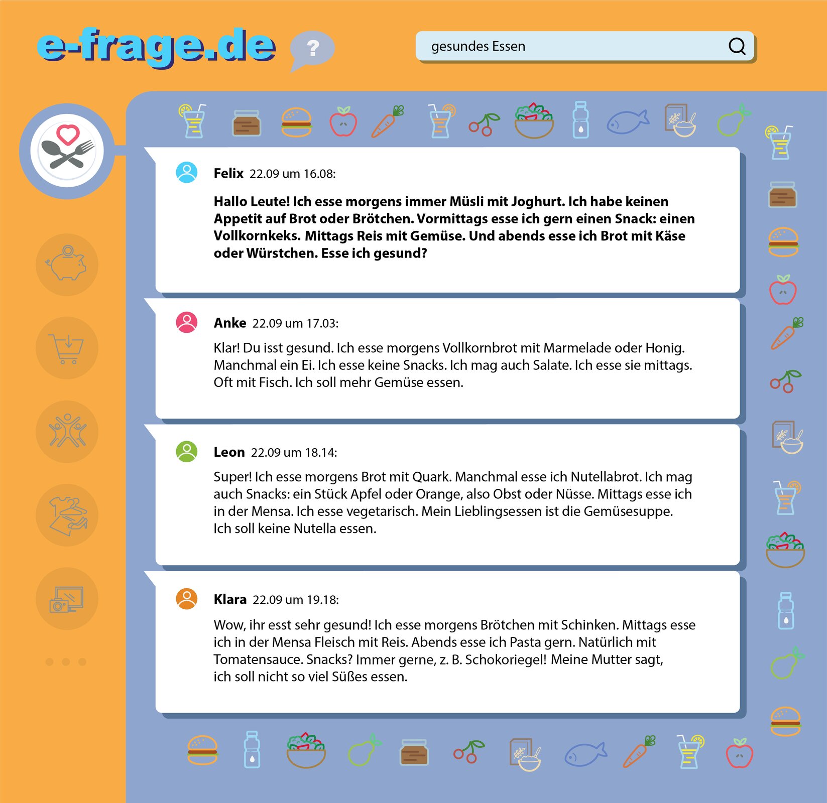 Ilustracja przedstawia wpisy na forum internetowym pięciorga użytkowników, korzystających z następujących pseudonimów: Felix, Anke, Leon i Klara. Strona utrzymana jest w  kolorach żółtym  i fioletowym, widoczne są na niej grafiki przedstawiające różne produkty spożywcze. Transkrypcja znajduje się poniżej.