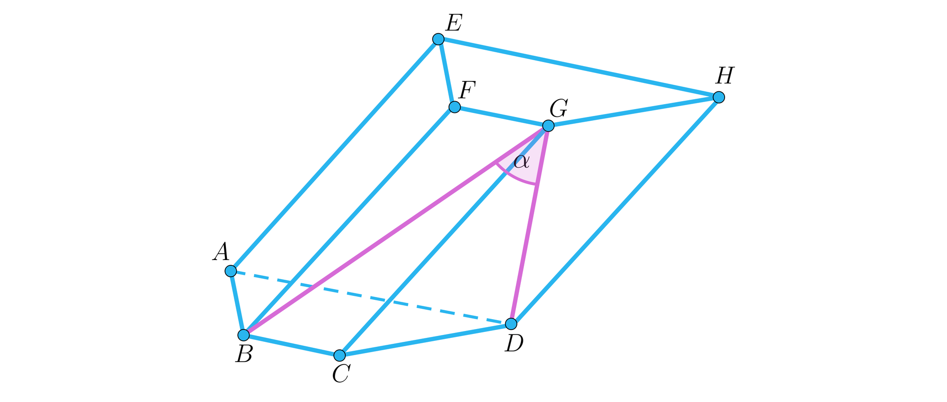 Ilustracja przedstawia graniastosłup pochyły o podstawie trapezu A B C D E F G H. Zaznaczono przekątną ściany bocznej B C F G oraz przekątną ściany bocznej C D G H. Przekątne mają wspólny wierzchołek G. Kąt między przekątnymi ma miarę alfa.