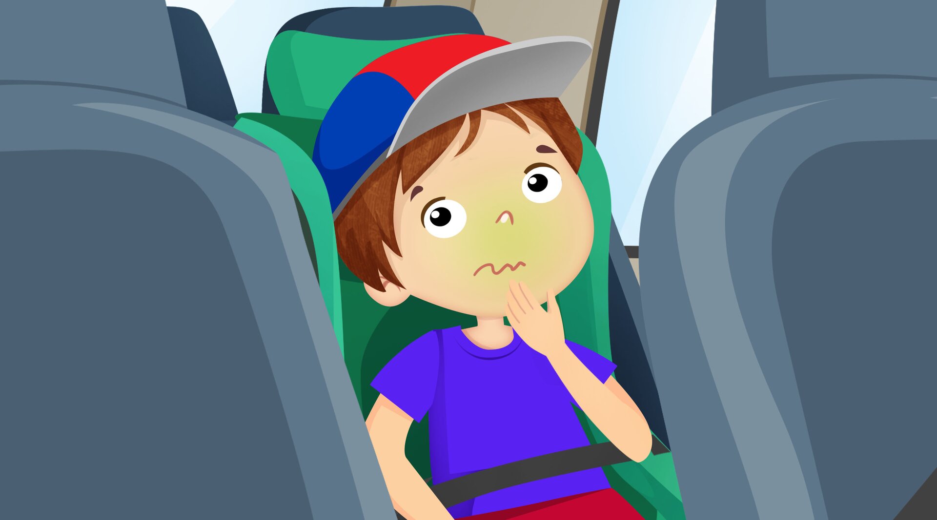 Na ilustracji znajduje się chłopiec, któremu jest niedobrze.