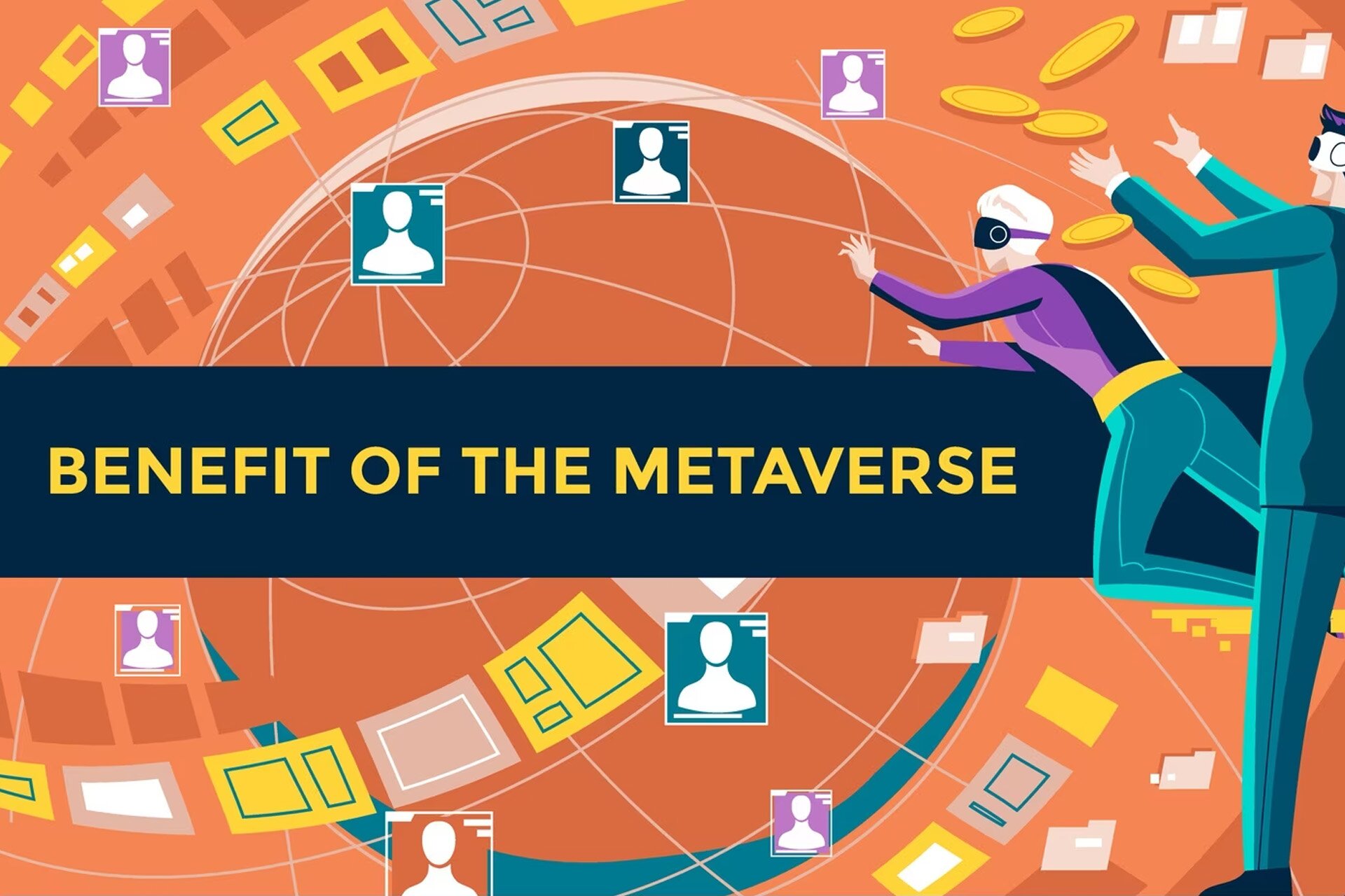 Ilustracja przedstawia obrazki unoszące się w powietrzu, które próbują złapać dwie postacie w goglach VR. Widoczny jest napis w języku angielskim: BENEFIT OF THE METAVERSE. 
