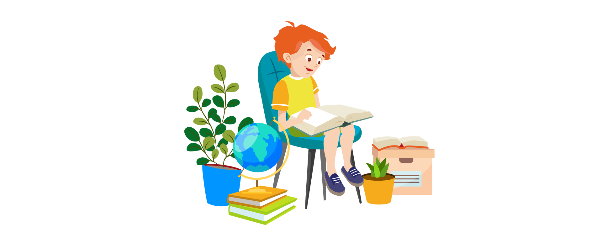 Ilustracja przedstawia Franka siedzącego na krześle i czytającego książkę. Po lewej stronie, na podłodze, stoi duża zielona roślina w niebieskiej donicy. Obok leżą, jedna na drugiej, dwie książki. Na książkach ustawiono globus. Po prawej stronie stoi niewielka zielona roślina w pomarańczowej donicy, a także jasnopomarańczowy karton z przykrywką. Na kartonie leży otwarta książka.