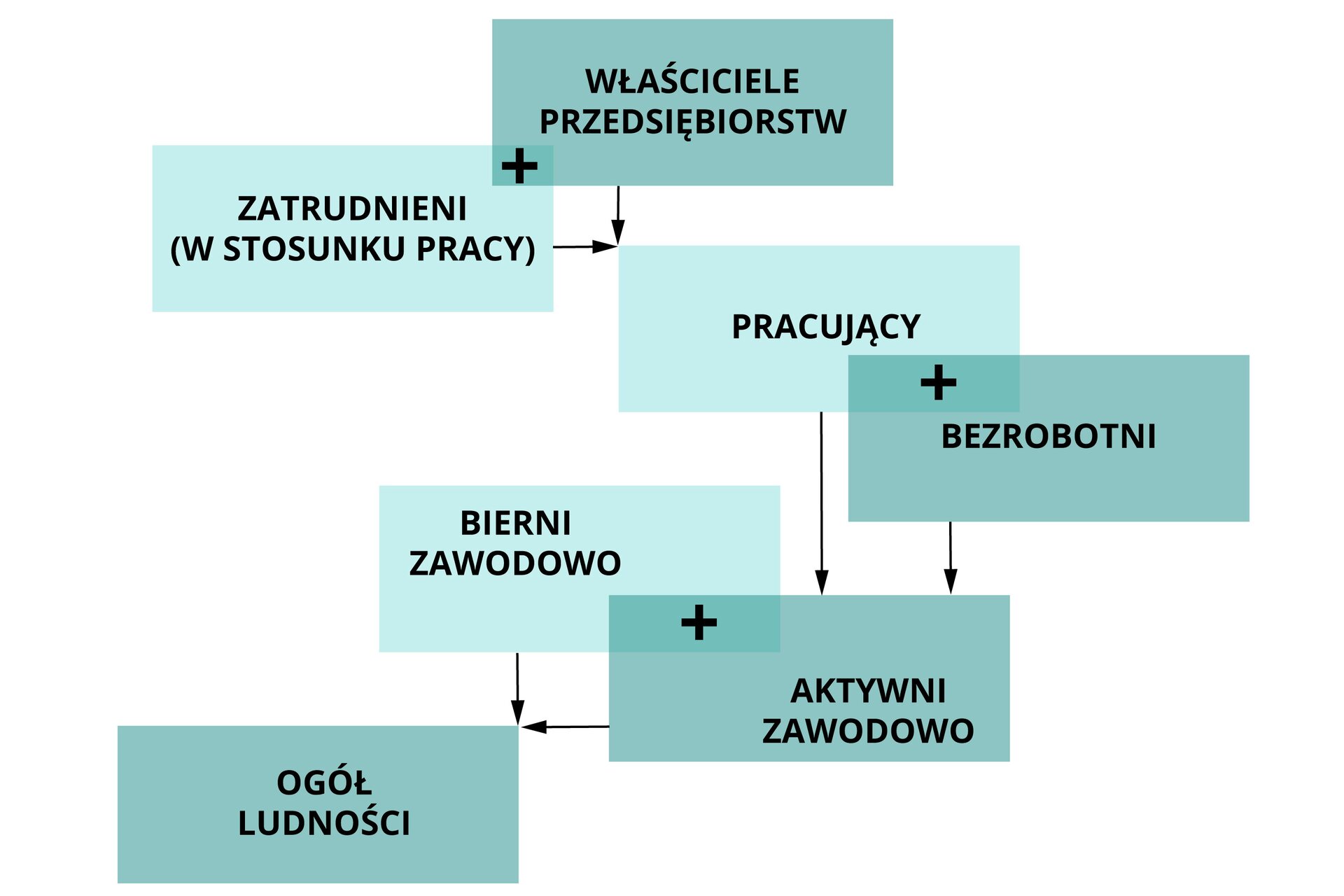Schemat przedstawia osoby aktywne zawodowo. Właściciele przedsiębiorstw oraz zatrudnieni w stosunku do pracy stanowią grupę pracujących. Pracujący w tym bezrobotni, Bierni zawodowo i aktywni zawodowo stanowią ogół ludności.