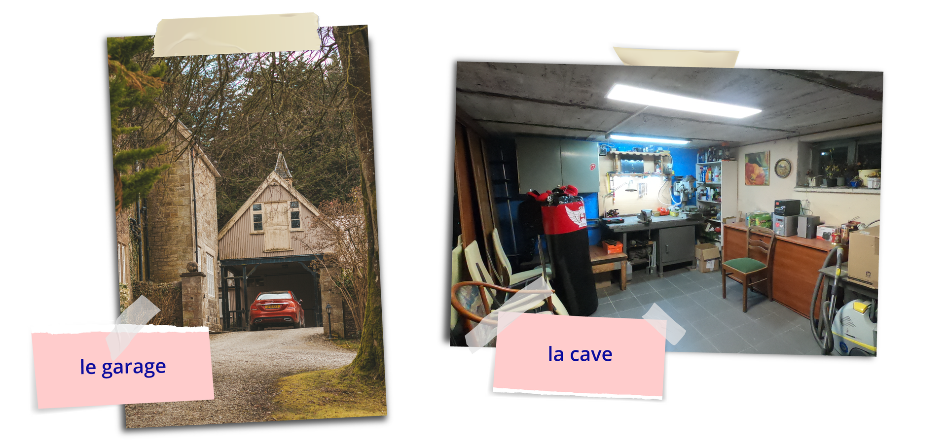 Na ilustracji widać dwa zdjęcia. Po lewej widać dom z kamienia, a na drugim planie garaż z dwuspadowym dachem i otwartymi wrotami, przed którym stoi czerwony samochód. Poniżej znajduje się podpis le garage . Po prawej stronie znajduje się wnętrze piwnicy z niskim sklepieniem; w jej wnętrzu widać stare szafki, krzesła, biurko, fotele i worek bokserski stojący na podłodze. Pod fotografią znajduje się napis: la cave .