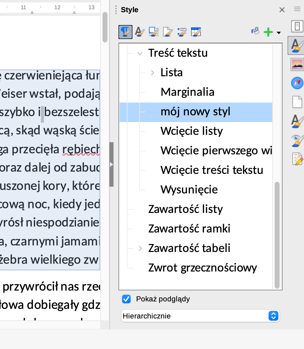 Ilustracja przedstawia wybieranie własnego stylu w LibreOffice. Z listy wybrano opcję: mój nowy styl. 