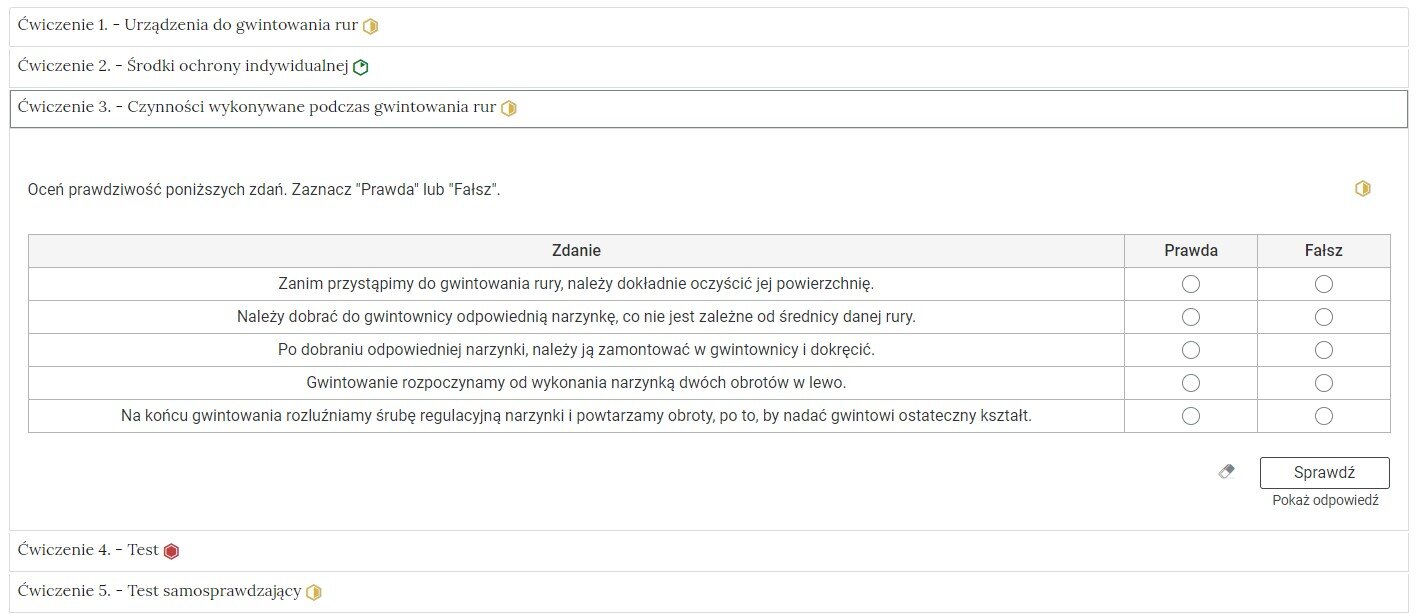 Rozwinięta zakładka z interaktywnymi materiałami sprawdzającymi z zadaniem typu prawda/fałsz.