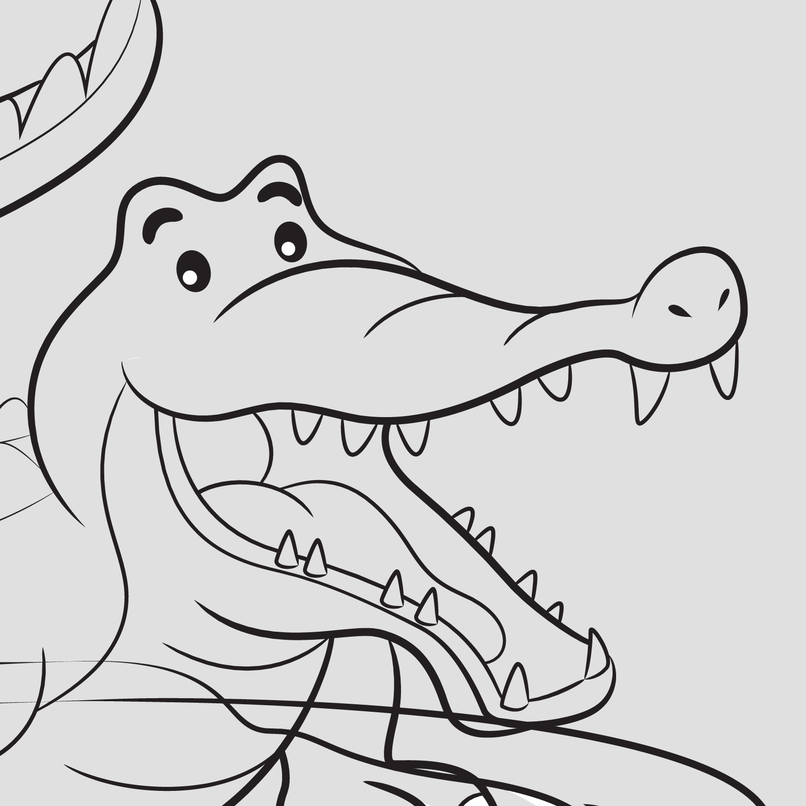 Ilustracja przedstawia czarno‑biały szkic usmiechniętego krokodyla.
