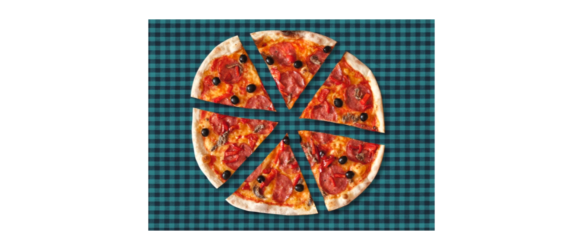 Na rysunku przedstawione jest zdjęcie okrągłej pizzy z zaznaczonymi liniami jej podziału na 6 równych części.