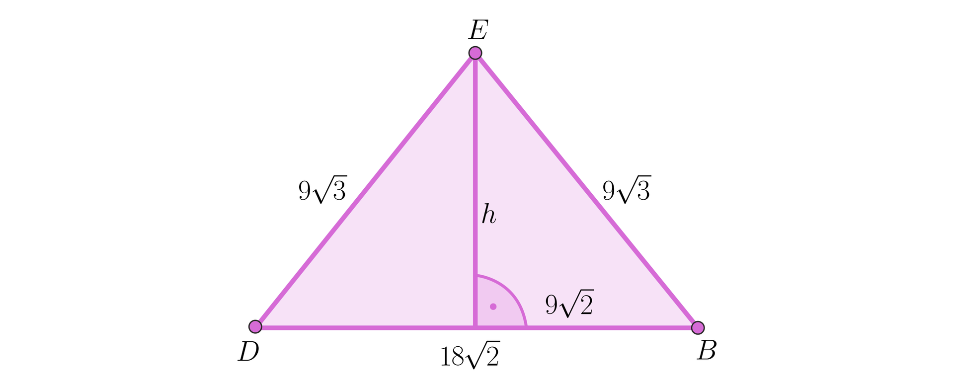 Na rysunku przedstawiono trójkąt równoramienny DBE o podstawie DB o długości 182. Ramiona trójkąta są długości 93 każde. Z wierzchołka E upuszczono pionową wysokość h, która dzieli podstawę trójkąta na dwa równe odcinki o długości 92 każdy.