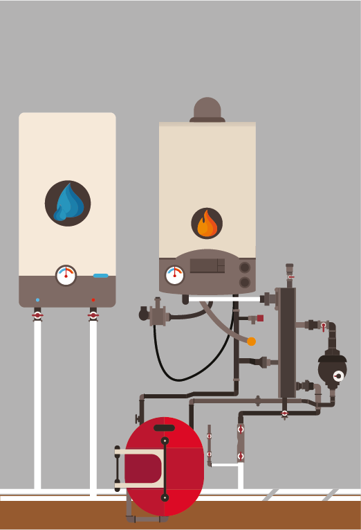 Grafika ilustruje instalację grzewczą zasilaną kotłem gazowym. Po lewej stronie znajduje się zbiornik na wodę, a po prawej kocił gazowy. Poniżej widoczny jest czerwony zbiornik wyrównawczy. Wszystkie elementy są połączone siecią przewodów rurowych.