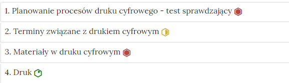 Grafika przedstawia widok interaktywnych materiałów sprawdzających. Na białym tle widoczna jest lista numeryczna z tytułami ćwiczeń. Po prawej stronie każdego tytułu znajduje się symbol określający stopień trudności zadania: sześciokąt z zielonymi krawędziami z wpisanym, na godzinie 13, zielonym trójkątem – poziom trudności niski, sześciokąt z żółtymi krawędziami z wpisanym po prawej jego stronie żółtymi trapezem – poziom trudności średni, i  sześciokąt z czerwonymi krawędziami z wpisanym w niego czerwonym sześciokątem – poziom trudności wysoki.