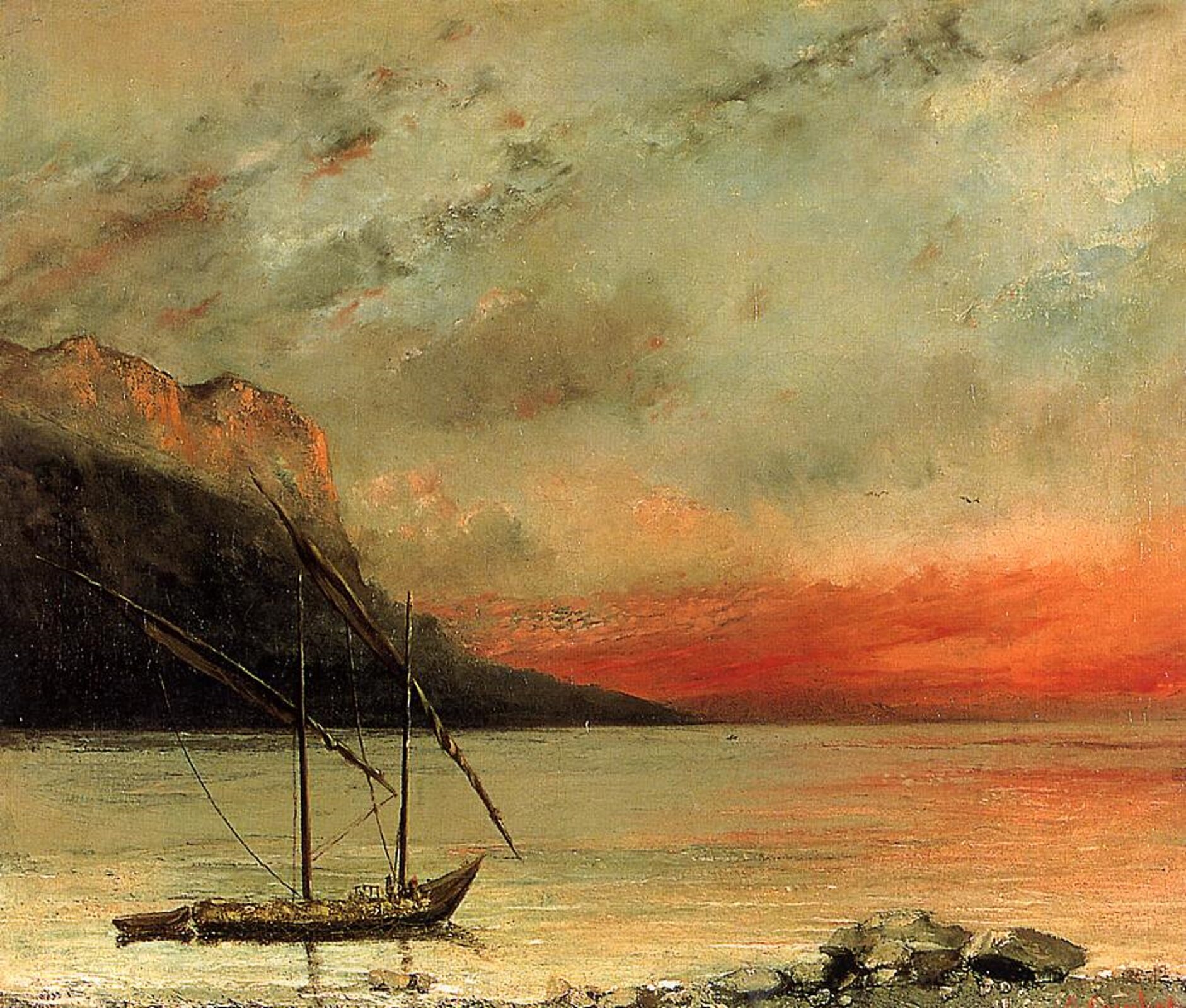 Ilustracja przedstawia obraz Gustave Courbeta pt. „Zachodzące słońce nad jeziorem genewskim”. Na pierwszym planie widać kamienny brzeg w pobliżu którego znajduje się łódź ze zwiniętymi żaglami. Za łodzią, w oddali widać klif na tle szarego nieba. Horyzont rozświetlony przez zachodzące słońce przybiera purpurowe odcienie.