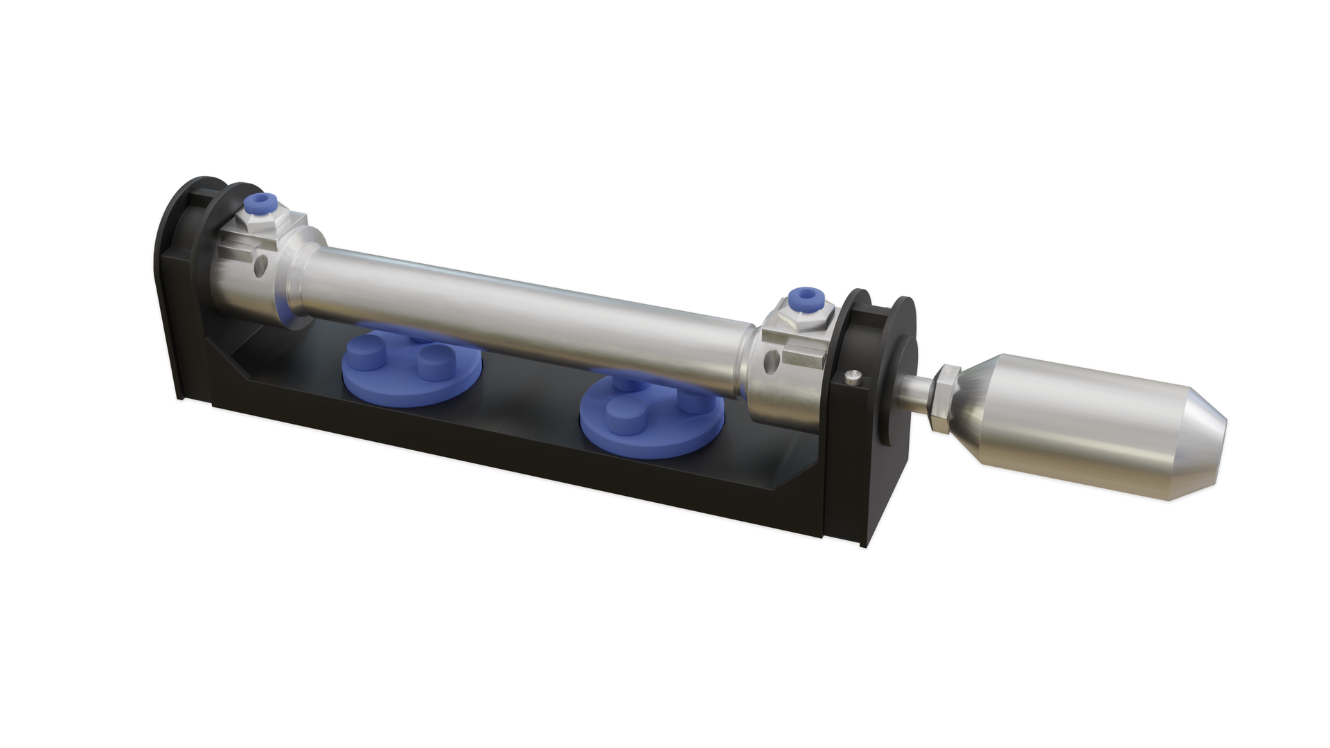 Na grafice przedstawiono siłownik pneumatyczny. Podstawowe elementy takiego siłownika to cylinder (korpus, obudowa), tłok i tłoczysko.