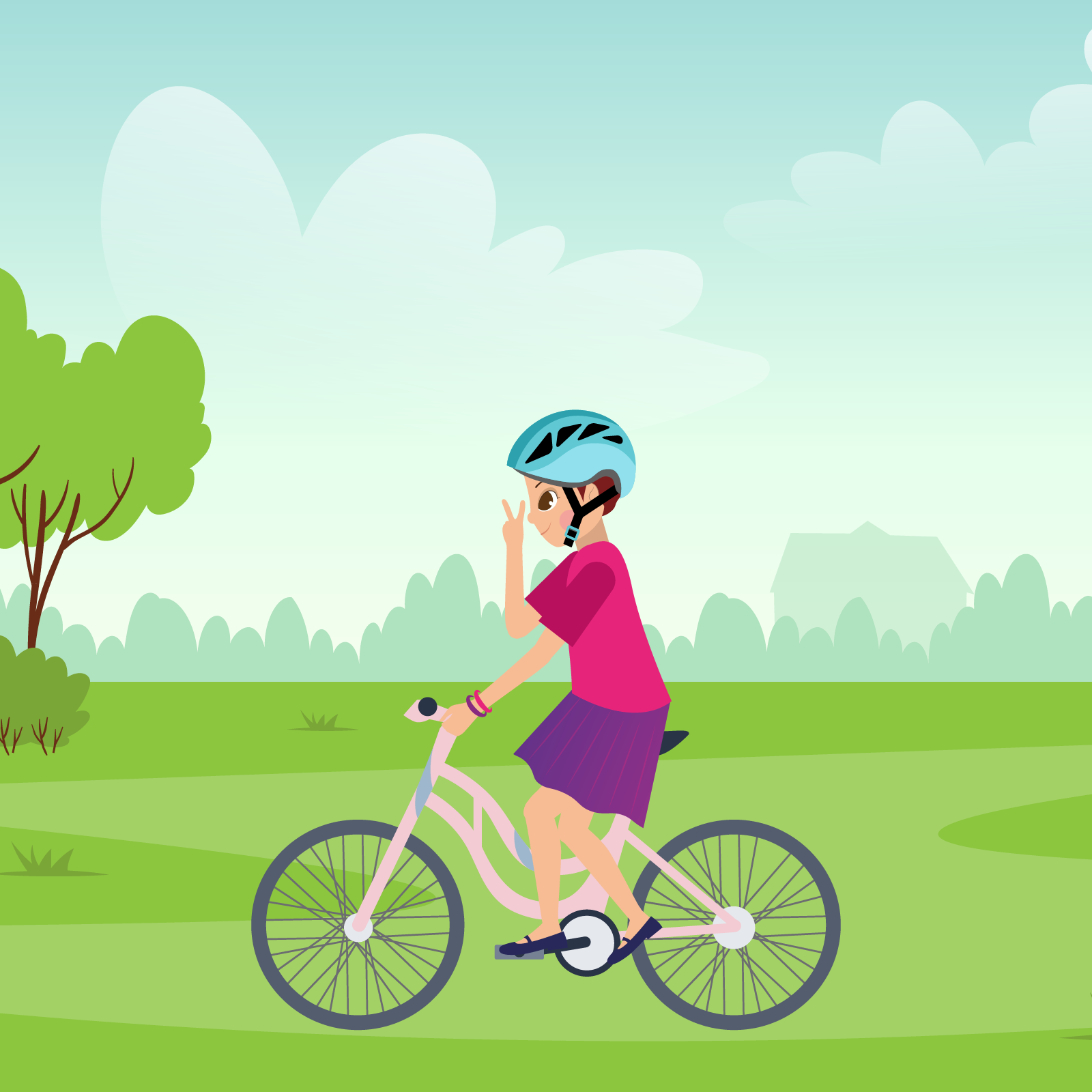 Ilustracja przedstawia Mię w parku, jeżdżącą na rowerze. Na głowie ma kask.