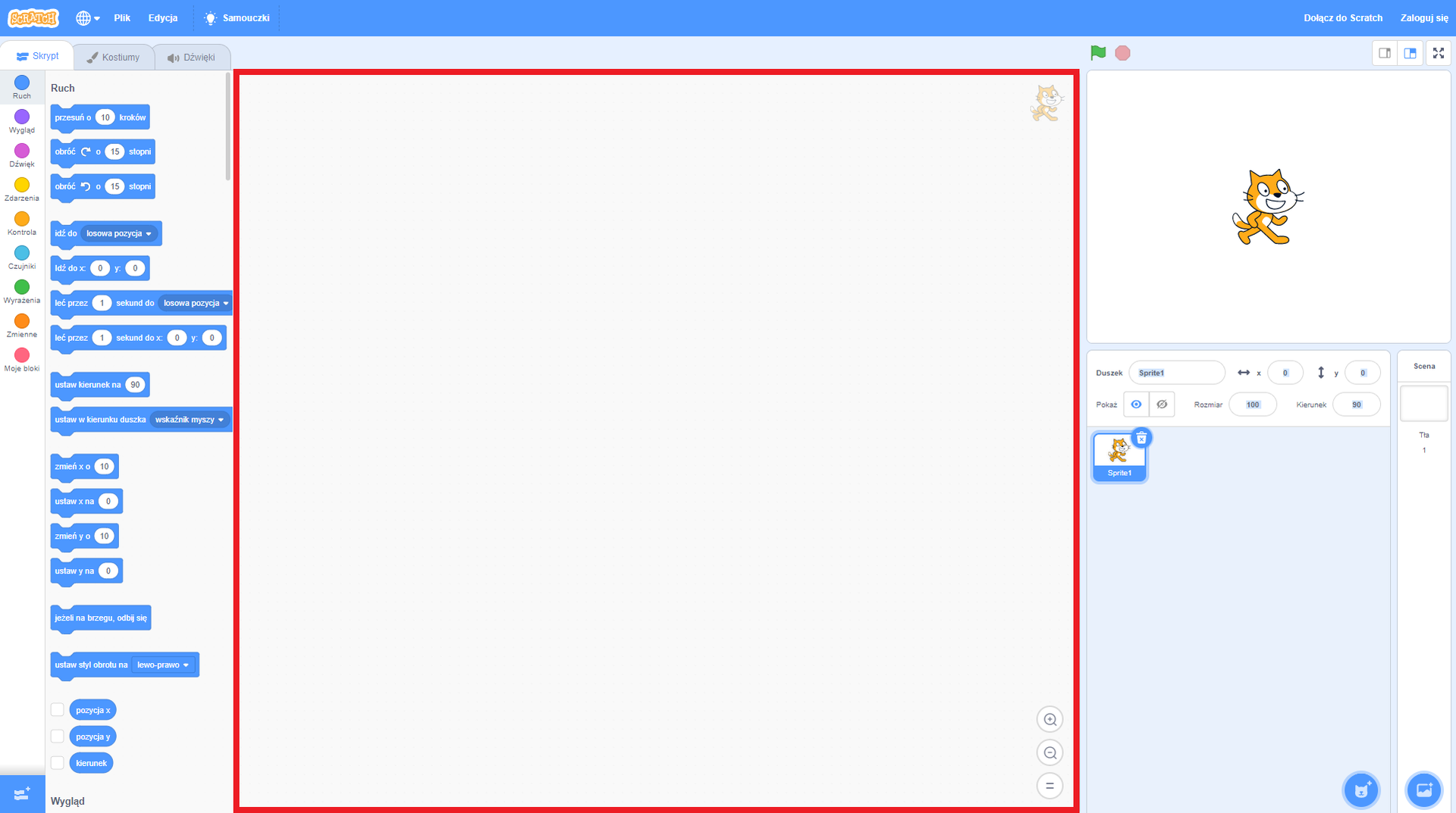 Zrzut okna środowiska Scratch z zaznaczonym obszarem skryptów. Jest to obszar, w którym budujesz swoje skrypty łącząc ze sobą bloki.