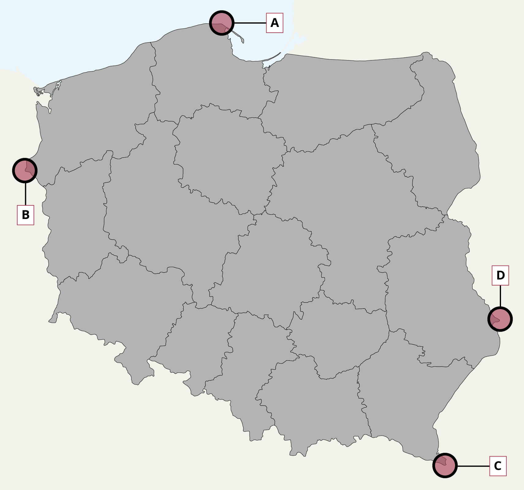 Rysunek przedstawia konturową mapę Polski z wyznaczonymi województwami. Czterema pierwszymi literami alfabetu zaznaczone są najbardziej wysunięte krańce kraju. Literą A oznaczono najdalej na północ wysunięte miejsce czyli miasto Jastrzębia Góra w gminie Władysławowo przy Półwyspie Helskim (województwo pomorskie). Literą B oznaczono najdalej na zachód wysunięte miejsce czyli zakole Odry koło Osinowa Dolnego w gminie Cedynia (województwo zachodniopomorskie). Literą C oznaczono najdalej na południe wysunięte miejsce czyli szczyt Opołonek w gminie Lutowiska (województwo podkarpackie). Natomiast literą D oznaczono najdalej na wschód wysunięte miejsce czyli zakole Bugu we wsi Zosin w gminie Horodło (województwo lubelskie).