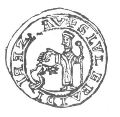 Rysunek przedstawia brakteat, czyli używaną w średniowieczu monetę. Widzimy na niej księcia Bolesława Krzywoustego klęczącego przed świętym Wojciechem trzymającym laskę. Wokół oby dwóch postaci widnieje napis po łacinie.