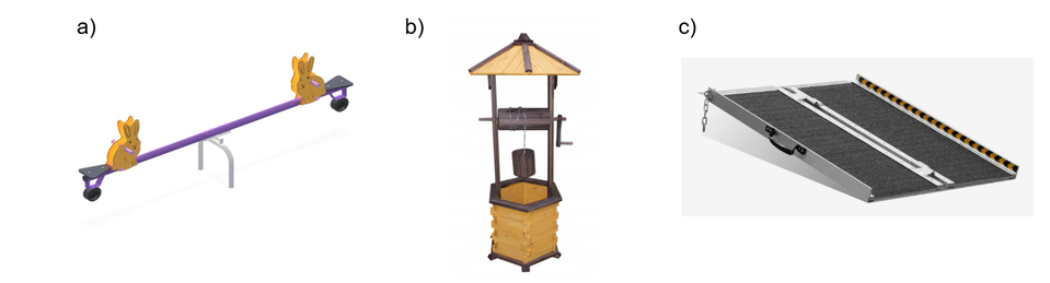 Ilustracja przedstawia: A. huśtawkę wahadłową dla dzieci, B. studnię ogrodową z wiadrem opuszczanym za pomocą korby, C. rampę, podjazd dla wózków.