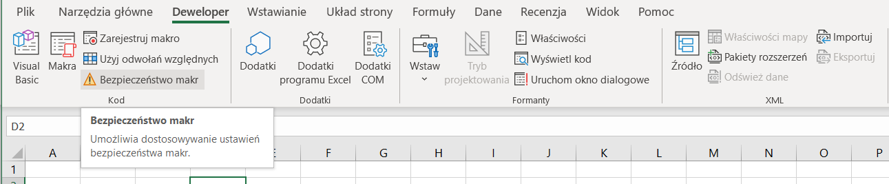 Ilustracja przedstawia arkusz. W menu podkreślono opcję Deweloper. Poniżej jest krótka lista: wybrano opcję Bezpieczeństwo makr - umożliwia dostosowywanie ustawień bezpieczeństwa makr. 