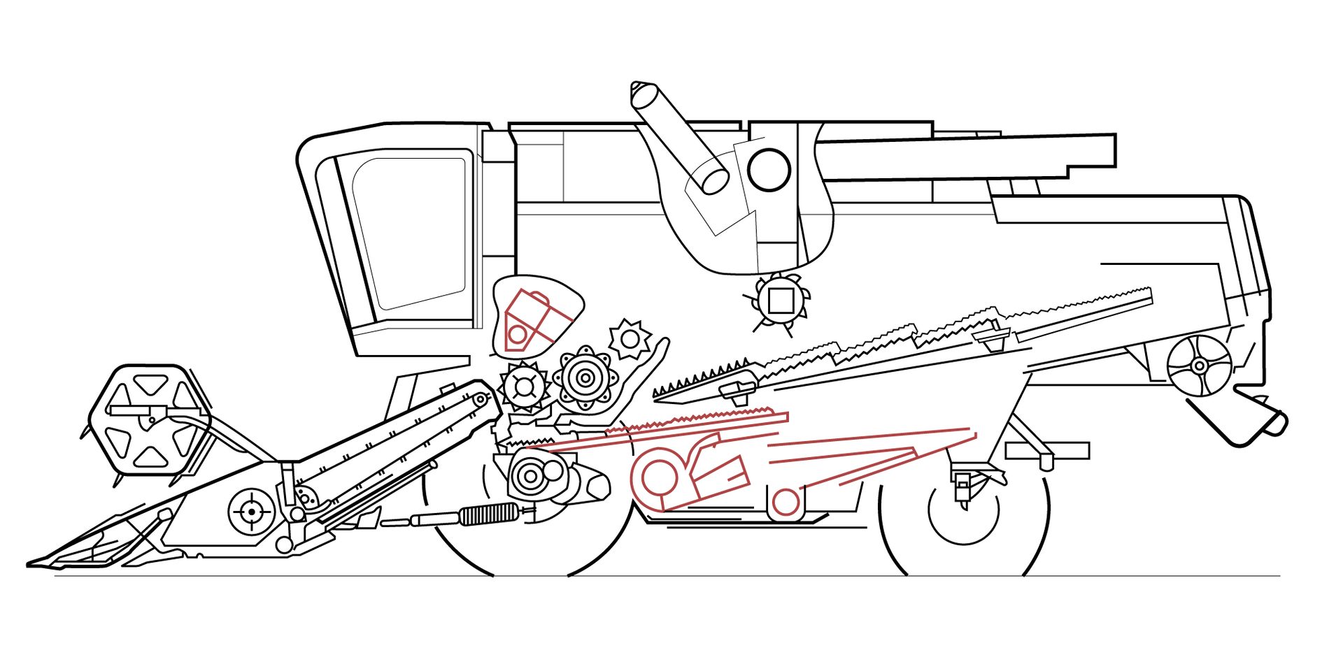 Grafika przedstawia schemat budowy kombajnu zbożowego. Kolorem czerwonym zaznaczono zespół czyszczący. Zespół ten jest umieszczony poniżej zespołu młócącego i wytrząsaczy. Głównymi elementami zespołu czyszczącego są: podsiewacz, wentylator, kosze sitowe, podajniki ziarnowy oraz kłosowy.