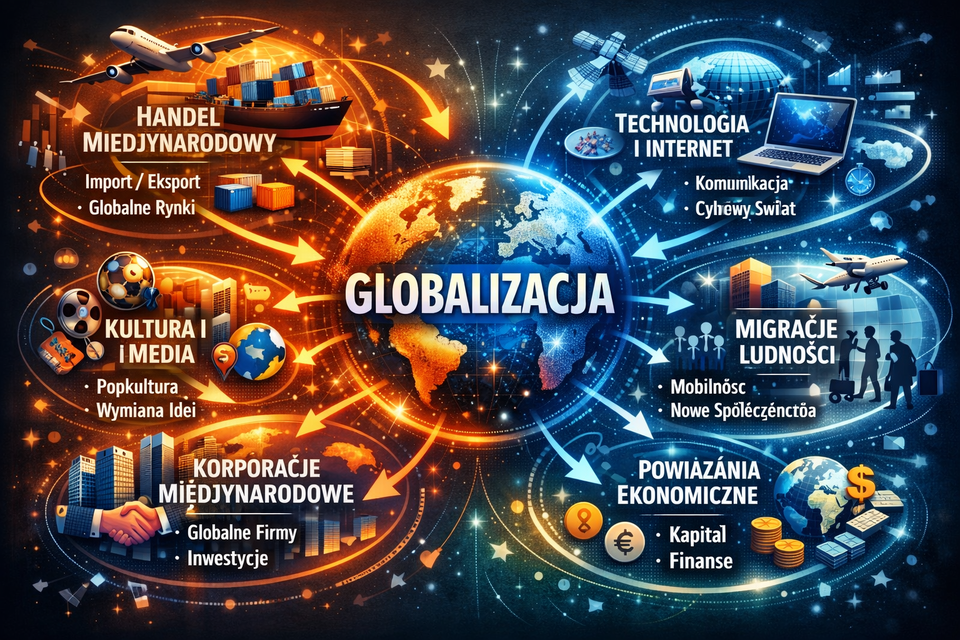 Infografika przedstawia proces globalizacji – wzajemne powiązania między gospodarką, technologią, kulturą, migracjami i finansami.
W centrum znajduje się ziemia z napisem „GLOBALIZACJA”, z której promieniście wychodzą strzałki i linie łączące sześć obszarów:
Handel międzynarodowy – ikony statku, samolotu i kontenerów; podpisy „Import / Eksport” i „Globalne rynki”.
Technologia i Internet – symbole satelity, komputera i globu; podpisy „Komunikacja” i „Cyfrowy świat”.
Kultura i media – ikony filmu, muzyki i sportu; podpisy „Popkultura” i „Wymiana idei”.
Migracje ludności – sylwetki ludzi z walizkami i samolot; podpisy „Mobilność” i „Nowe społeczeństwa”.
Korporacje międzynarodowe – wieżowce i uścisk dłoni; podpisy „Globalne firmy” i „Inwestycje”.
Powiązania ekonomiczne – symbole walut i monet; podpisy „Kapitał” i „Finanse”.
Kolorystyka: pomarańczowa po lewej (handel, kultura, korporacje) i niebieska po prawej (technologia, migracje, ekonomia), symbolizująca różne domeny globalizacji.
Grafika ma dynamiczny, edukacyjny styl, z siecią połączeń i światłem tła podkreślającym globalne współzależności.