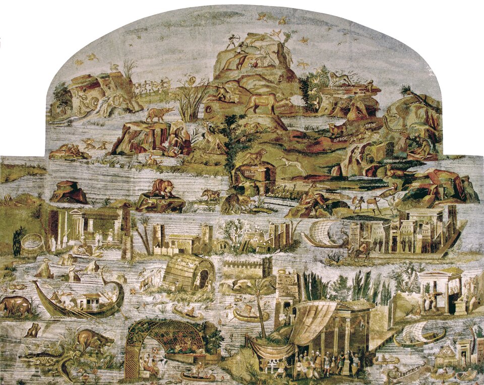 Ilustracja przedstawia Mozaikę Nilu z Palestriny, datowaną na ok. 100 r. p.n.e., przechowywaną w Narodowym Muzeum Archeologicznym w Palestrinie we Włoszech. Ukazuje rozbudowaną kompozycję mozaikową ukazującą zróżnicowany krajobraz z licznymi postaciami, zwierzętami i elementami architektury. W górnej części widoczne są strome, skaliste tereny z przedstawieniami ludzi i zwierząt. W środkowej i dolnej partii mozaiki ukazano rozległą scenę z rzeką, łodziami oraz licznymi budowlami o zróżnicowanych formach. Wśród przedstawionych zwierząt znajdują się m.in. duże ssaki i ptaki, a postacie ludzkie wykonują różne czynności. Całość otacza dekoracyjna bordiura.