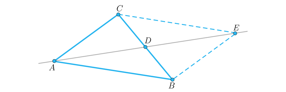 Na ilustracji przedstawiono trójkąt A B C. Zaznaczono punkt D, który jest środkiem boku BC trójkąta. Punkty A i D leżą na jednej prostej. Na tej samej prostej, zaznaczono punkt E, odległy od punktu D o odległość równą AD. Linią przerywaną połączono wierzchołek C i B, z punktem E.