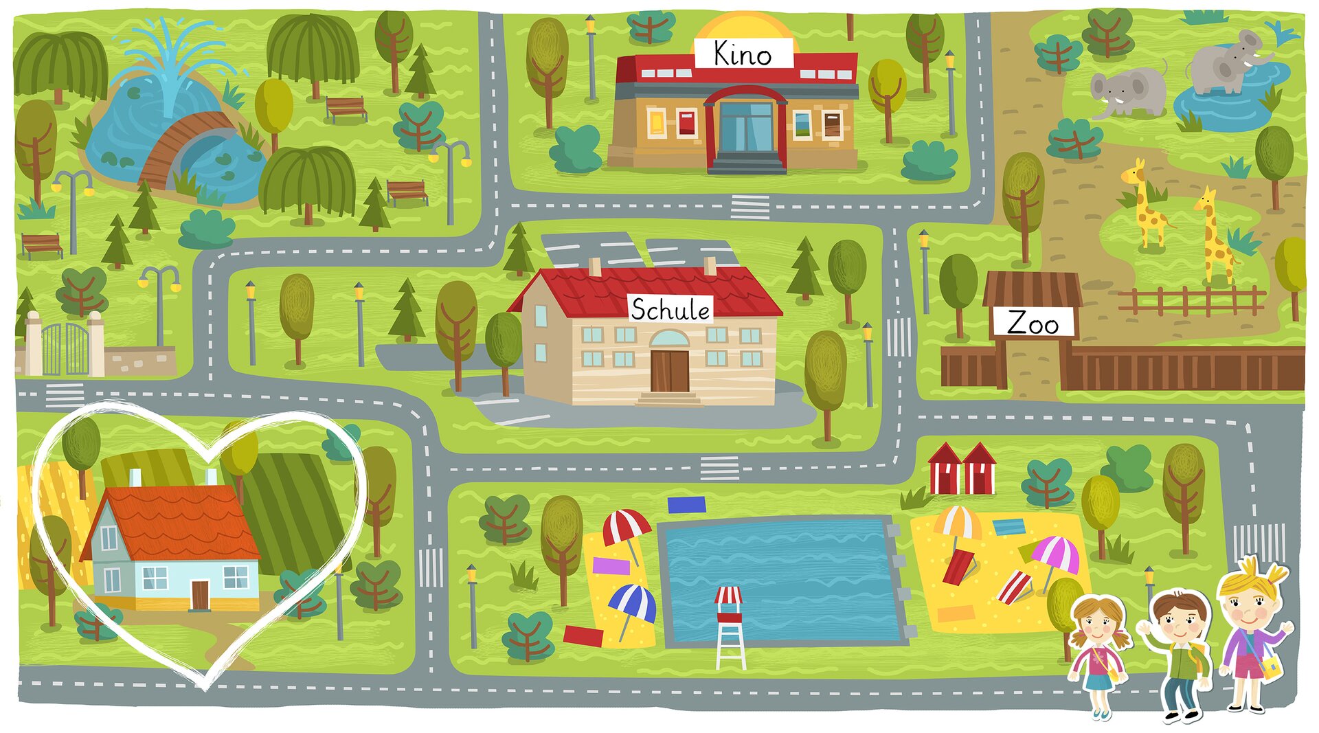 Ilustracja przedstawia plan ulic i budynków. Po lewej stronie, oznaczony serduszkiem, znajduje się dom, natomiast obok niego umiejscowiony jest odkryty basen. Bezpośrednio nad basenem znajduje się budynek szkoły. Z kolei po prawej stronie ilustracji, nad ogrodem zoologicznym, wyróżnia się budynek kina. Na lewo od parku, na tej samej stronie co basen, widoczny jest obszar zielony z ławeczkami i fontanną. 