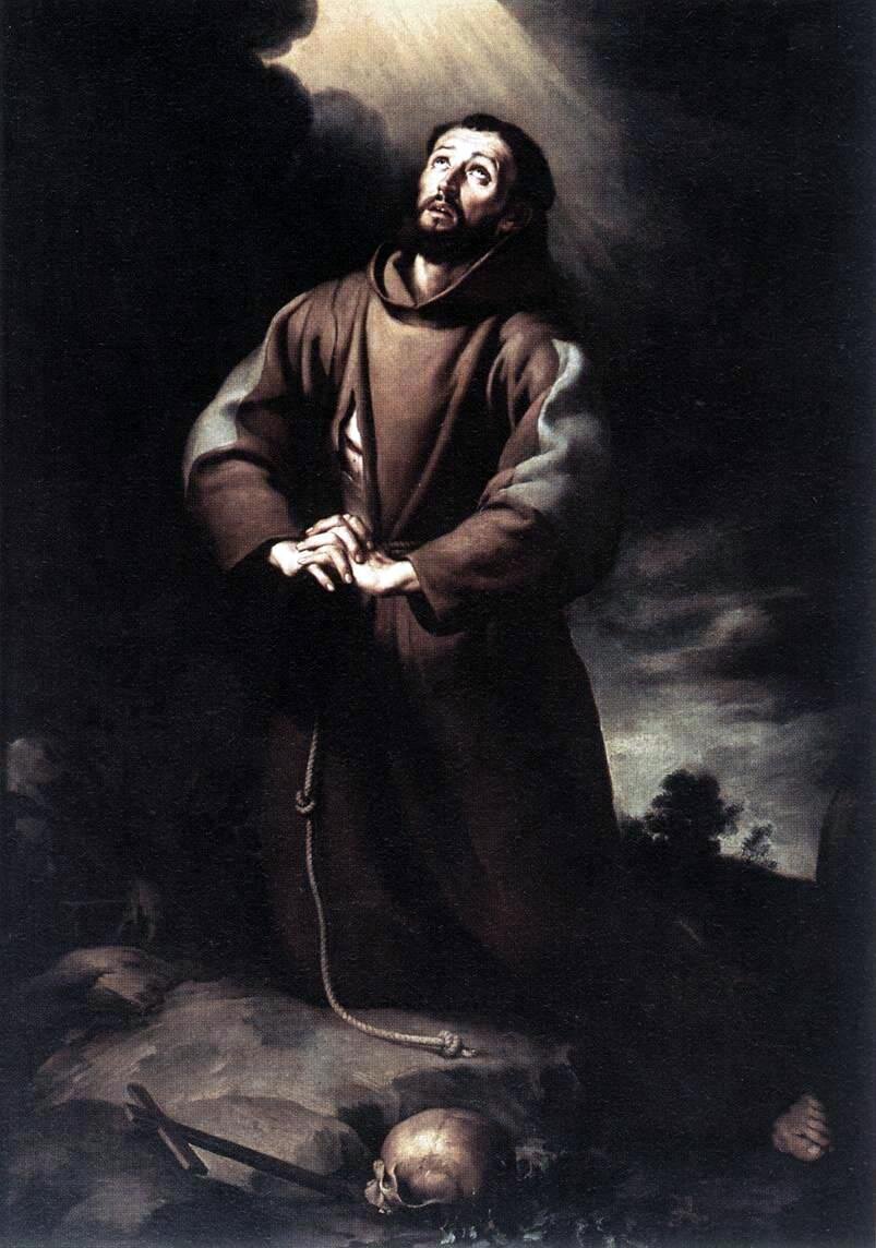 Obraz przedstawia klęczącego zakonnika w ciemnym habicie na polu. Mężczyzna wznosi oczy ku niebu. Ręce ma splecione do modlitwy. Na jego głowę padają promienie słońca.