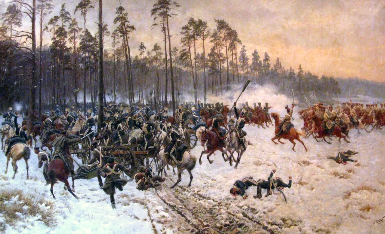 Obraz przedstawia bitwę rozegraną w 1831 między wojskami polskimi a rosyjskimi. Bitwa toczy się zimą, na skraju lasu walczy ze sobą kawaleria. Rosjanie atakują polskich żołnierzy, a ci stawiają im opór. Na śniegu leżą zwłoki poległych żołnierzy.