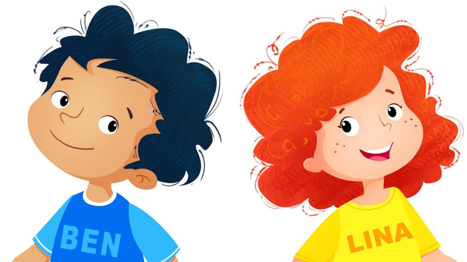 Ilustracja przedstawia dziewczynkę o imieniu   Lina i chłopca o imieniu   Ben.