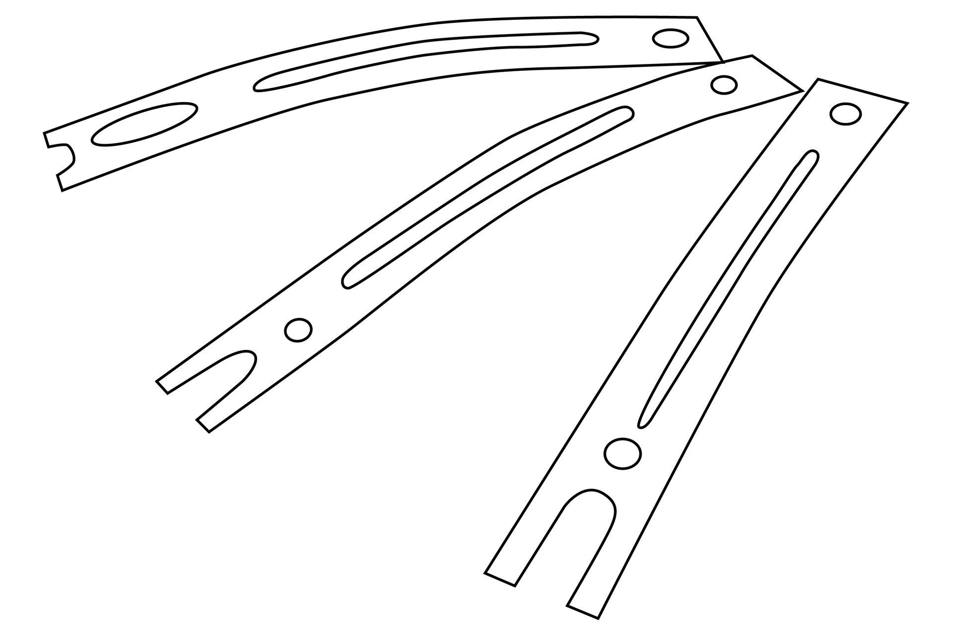 Grafika przedstawia trzy podłużne, prostokątne kształty, zakończone dwoma wypustkami. Na ich powierzchni znajdują się po dwie kropki i długa linia biegnąca przez całość.