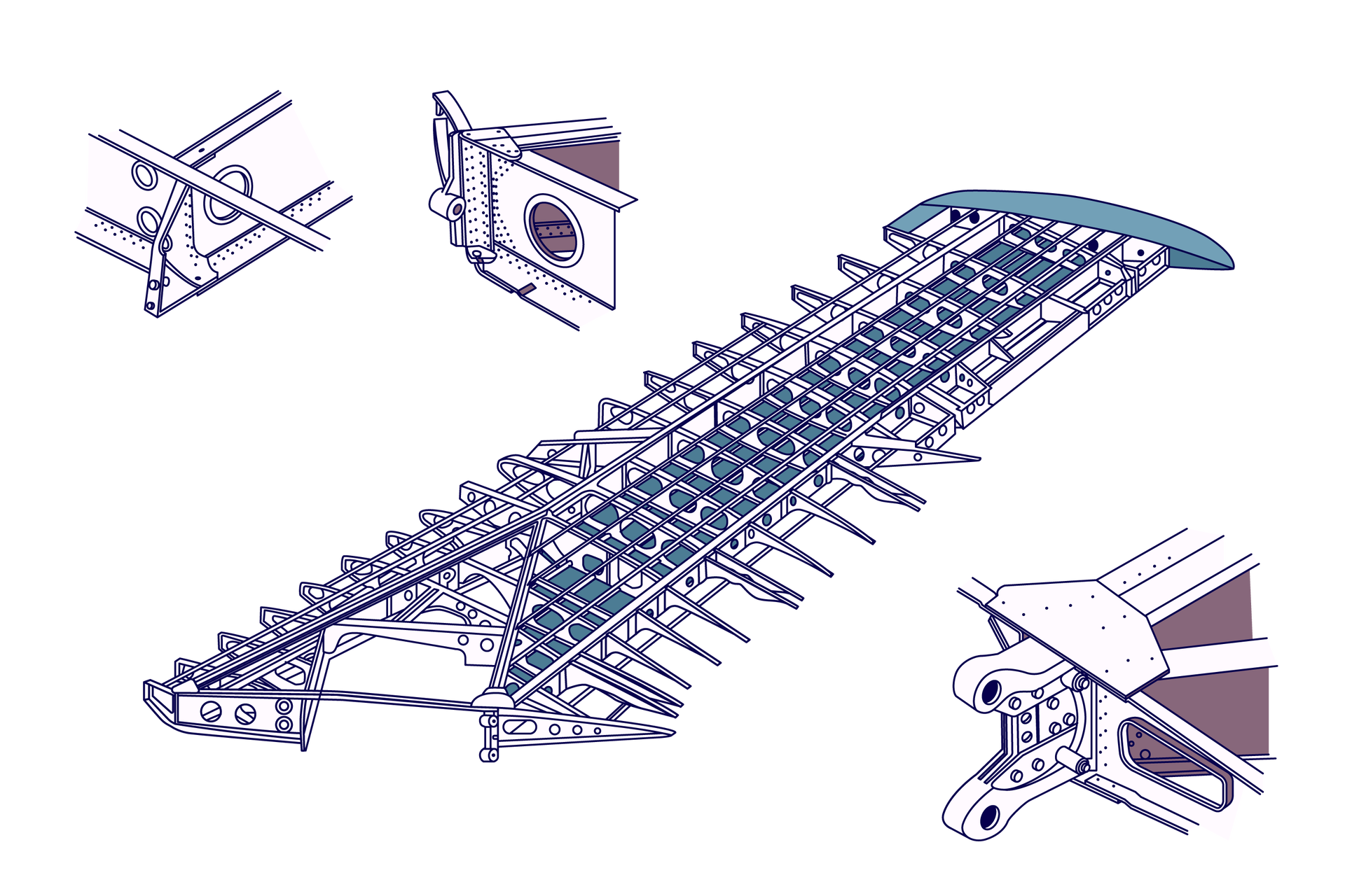 Ilustracja przedstawia przykład konstrukcji półskorupowej skrzydła. Poszycie skrzydła zostało usunięte, dzięki czemu dokładnie widać jego konstrukcję. Dźwigary znajdują się po zewnętrznych częściach skrzydła, a reszta konstrukcji połaci wspierana jest przez podłużnice. W poprzek skrzydła stawione są żebra, które posiadają owalne otwory. Wokół konstrukcji skrzydła pokazano trzy detale połączeń. Są to połączenia pomiędzy elementami konstrukcji takimi jak dźwigary, żebra i podłużnice. Są to połączenia śrubowe oraz nitowane. 