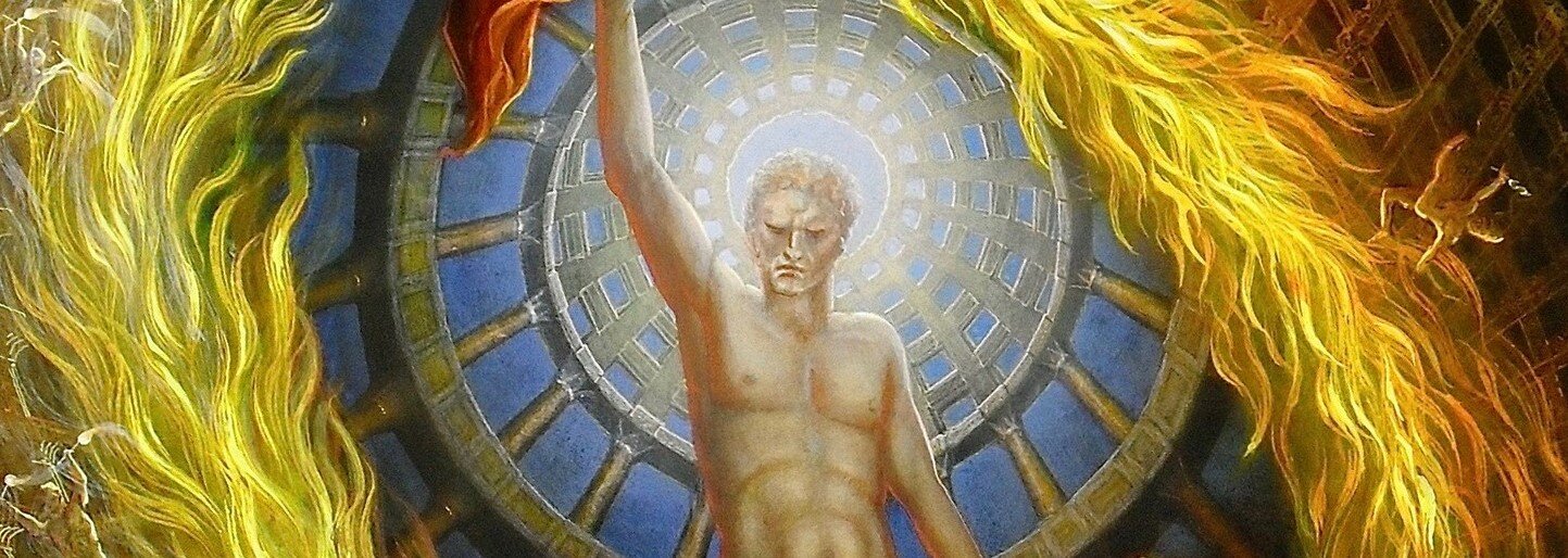 Obraz przedstawia nagiego, atletycznie zbudowanego mężczyznę, który trzyma w prawej, wzniesionej dłoni płonącą pochodnię. Otacza go okrąg z płomieni.