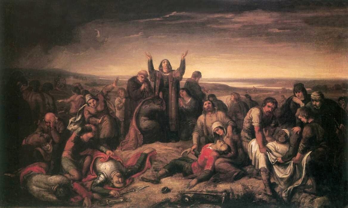 Kliknij, aby powiększyć Obraz przedstawia grupę osób zgromadzonych na górze. W centralnej części znajduje się kobieta, która unosi ręce ku górze i wpatruje się w niebo. Wokół niej zgromadzeni są ludzie, którzy modlą się, wpatrują w niebo lub pochylają nad zmarłymi bliskimi, których opłakują. W tle widoczna jest rzeka oraz wzgórza. Niebo pomarańczowo‑czarne.