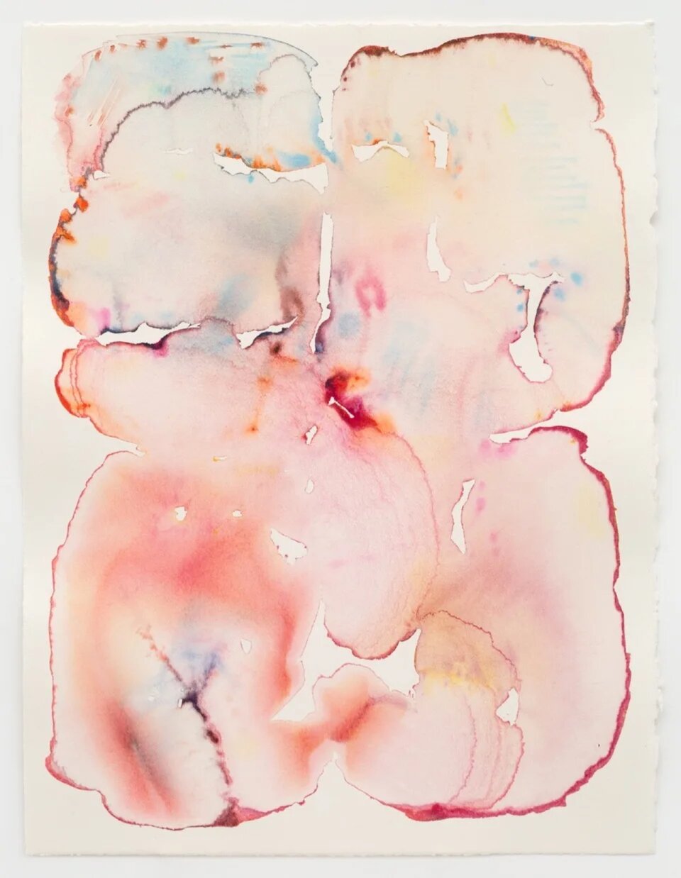 Obraz wykonany akwarelami na białym tle.
Przeważa blady kolor różowy, jest także jasnopomarańczowy i jasnoniebieski. Plama akwareli ma kształt podobny do prostokąta z wcięciami na środku każdego boku. Na obramowaniu pojawiły się grubsze, bardziej widoczne linie z farby. W środku utworzyły się liczne małe ubytki, pokazujące białe tło. 