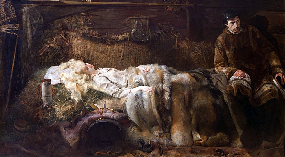 Ilustracja o kształcie poziomego prostokąta przedstawia obraz Jacka Malczewskiego „Śmierć Ellenai”. Ukazuje lezącą, młodą  kobietę na łożu. Jest martwa. Obok niej, po prawej stronie siedzi zamyślony mężczyzna. Głowę ma skierowaną w lewą stronę. W tle na deskach wisi jutowe płótno. 