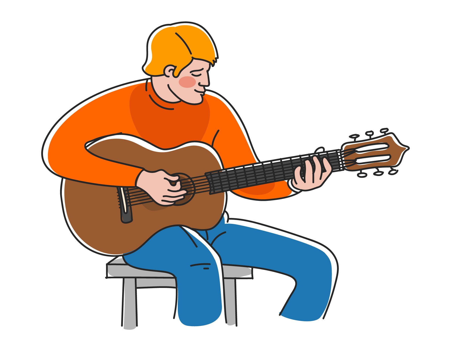 Ilustracja przedstawia mężczyznę siedzącego na stołku, nogi ma lekko oddalone od siebie, zwrócone w prawą stronę. Pudło rezonansowe gitary trzyma na prawym udzie. Instrument jest ułożony bokiem. Prawa dłoń spoczywa nad otworem rezonansowym. Lewą rękę ma zgiętą z łokciem blisko ciała, lewą dłoń od dołu gryfu, z kciukiem z tyłu. Głowa mężczyzny jest zwrócona w stronę lewej ręki. Ma na sobie jeansy i pomarańczową bluzkę z długim rękawem i blond włosy.