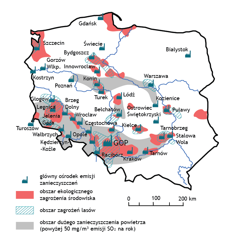Mapa Polski przedstawia obszary ekologicznego zagrożenia. Główne ośrodki emisji zanieczyszczeń to Tarnów, Kraków, Racibórz, GOP, Opole, Częstochowa, Wrocław, Brzeg Dolny, Głogów, Legnica, Jelenia Góra, Turoszów, Wałbrzych, Kędzierzyn Koźle, Kostrzyn, Szczecin, Gorzów Wielkopolski, Poznań, Konin, Inowrocław, Bydgoszcz, Świecie, Gdańsk, Białystok, Warszawa, Turek, Łódź, Bełchatów, Kielce, Ostrowiec Świętokrzyski, Kozienice, Puławy, Tarnobrzeg oraz Stalowa Wola. Obszary ekologicznego zagrożenia środowiska to okolice Szczecina, Gdańska i Żuław Wiślanych, Bydgoszczy, Inowrocławia, Konina, Łodzi, Legnicy, Jeleniej Góry, Turoszowa, Wrocławia, GOPu, Krakowa, Tarnowa, Tarnobrzega, Stalowej Woli i Puław. Obszar zagrożeń lasów to okolice Tarnobrzega, Raciborza, GOPu, Jeleniej Góry, Legnicy, Głogowa, Bełchatowa, Puław, Warszawy, Bydgoszczy i Szczecina. Obszar dużego zanieczyszczenia powietrza powyżej 50 miligramów na metr sześcienny emisji dwutlenku siarki na rok to pas obejmujący Głogów, Legnicę, Jelenią Górę, Turoszów, Wałbrzych, Kędzierzyn Koźle, Opole, Wrocław, Częstochowę, GOP, Racibórz, Kraków, Tarnów i Tarnobrzeg oraz pas obejmujący Poznań, Konin, Turek, Warszawę i Kozienice.