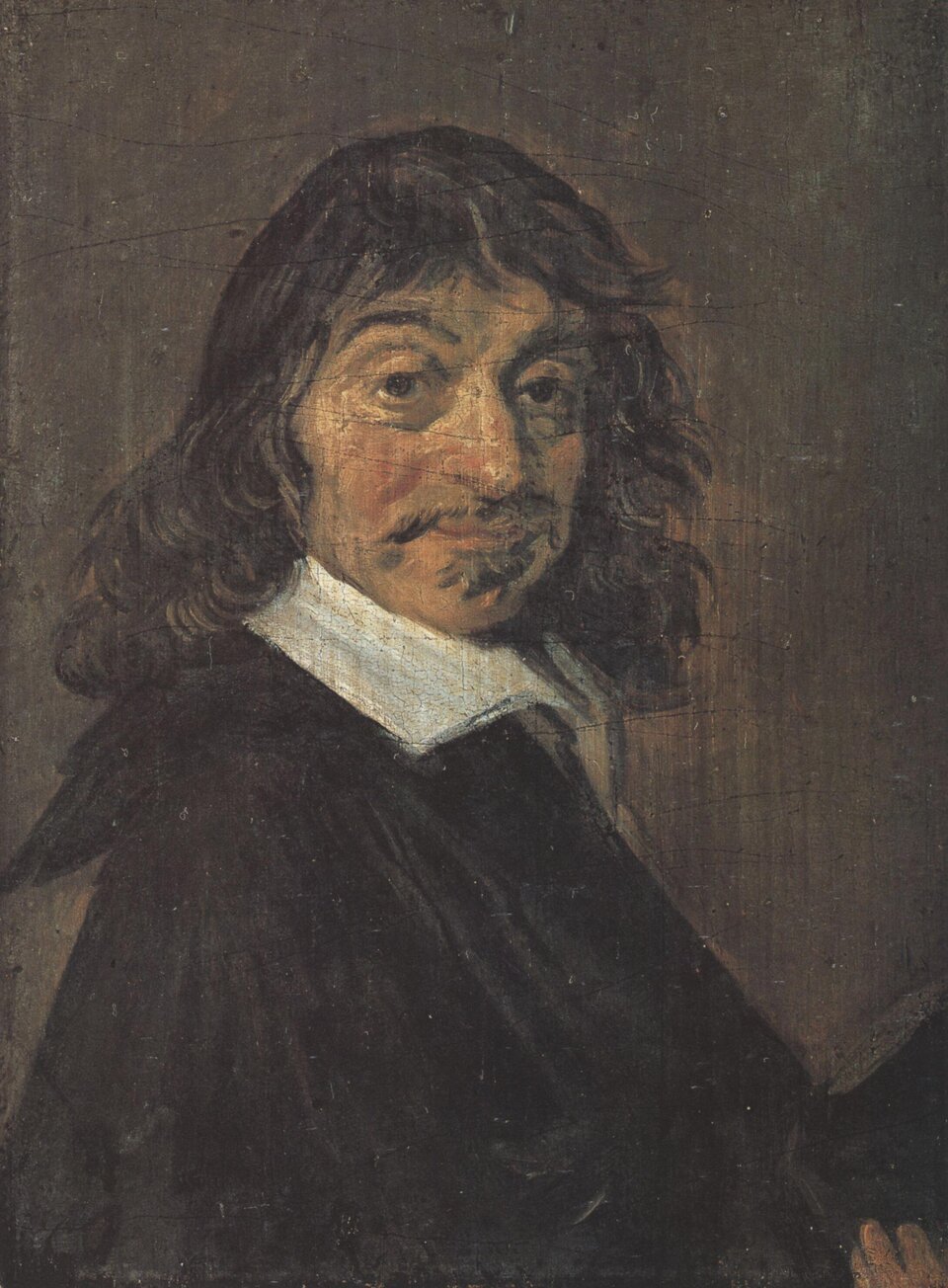 Portret dojrzałego mężczyzny przedstawia go w pozie  en trois quarts  [czytaj: trła katr]. Mężczyzna ma owalną twarz, półdługie, falujące, starannie ułożone włosy, które sięgają mu do ramion. Czarne, łukowane brwi, okrągłe oczy i duży nos sprawiają, że twarz jest bardzo wyrazista. Ma niewielkie wąsy i krótką brodę tuż pod dolną wargą. Ubrany jest w obszerną, ciemną szatę. Elegancję ubioru podkreśla duży, biały kołnierz. W ręku trzyma kapelusz. Tło jest szaro‑brązowe.