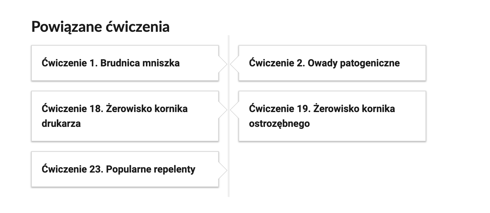 Grafika przedstawia widok przykładowego przycisku ćwiczeń powiązanych z danym multimedium. Znajdują się tu na osi ćwiczenia. Po lewej stronie: Ćwiczenie pierwsze Brudnica mniszka, Ćwiczenie osiemnaste Żerowisko kornika drukarza, Ćwiczenie dwudzieste trzecie Popularne repelenty. Po prawej stronie: Ćwiczenie drugie Owady Patogeniczne, Ćwiczenie dziewiętnaste Żerowisko kornika ostrozębnego. 