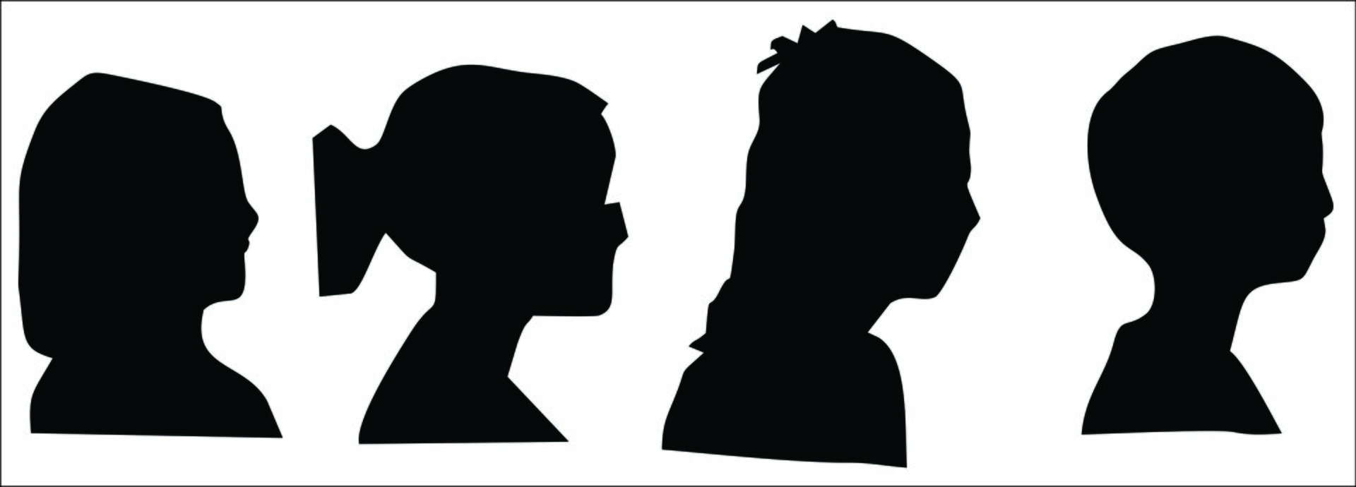 Ilustracja przedstawia przykłady czterech portretów sylwetkowych. Trzy z nich należą najprawdopodobniej do dziewczynek, co sugerują fryzury - dłuższe włosy rozpuszczone lub upięte w kucyk. Czwarty portret należy prawdopodobnie do chłopca o krótkich włosach.